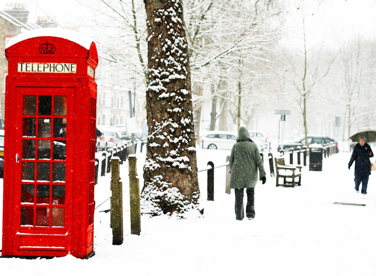 person walking near tree and phonebooth during winter season - visiting London for the first time