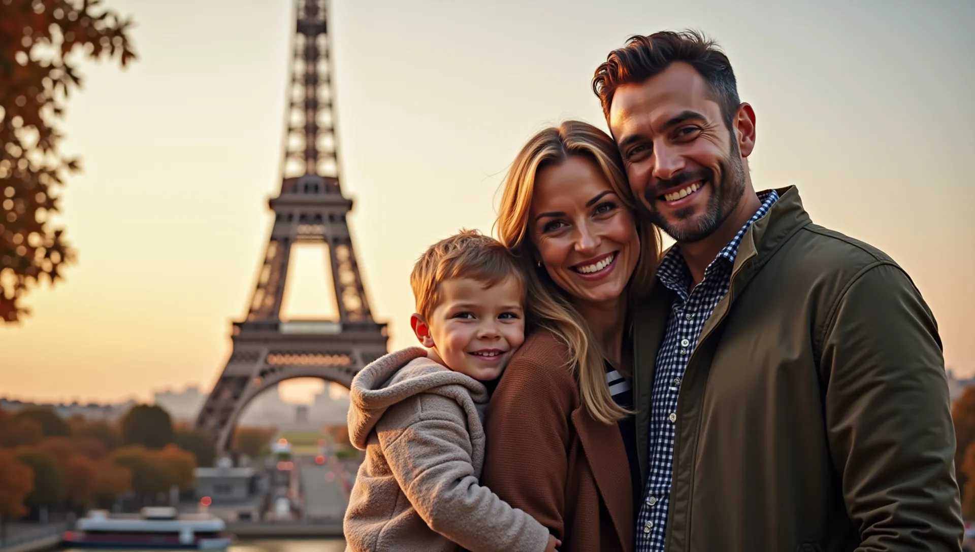 A family stands in front of the Eiffel Tower