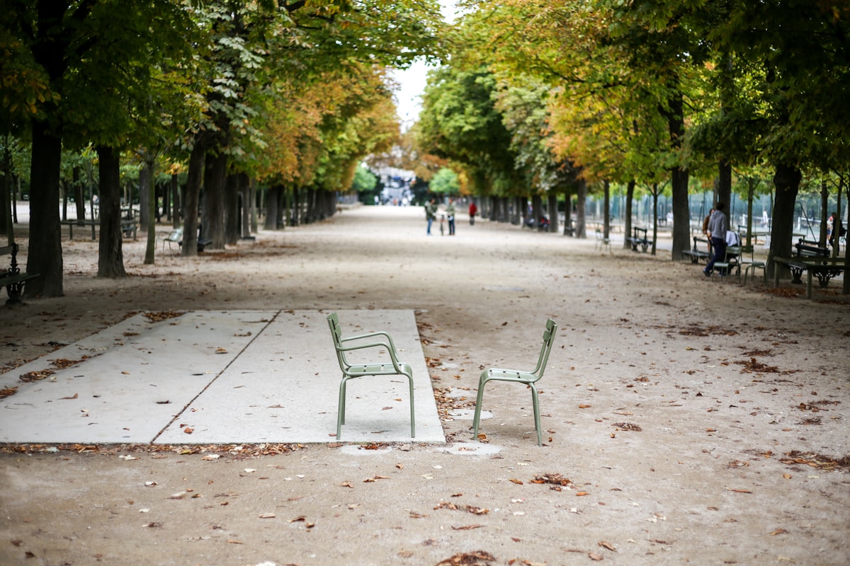 two gray chairs on road - Luxembourg Gardens Paris France