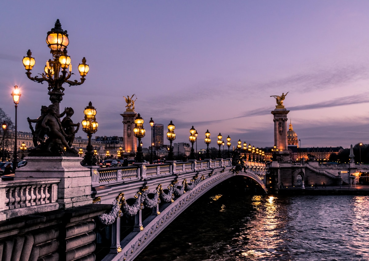 bridge during night time - day trips from Paris