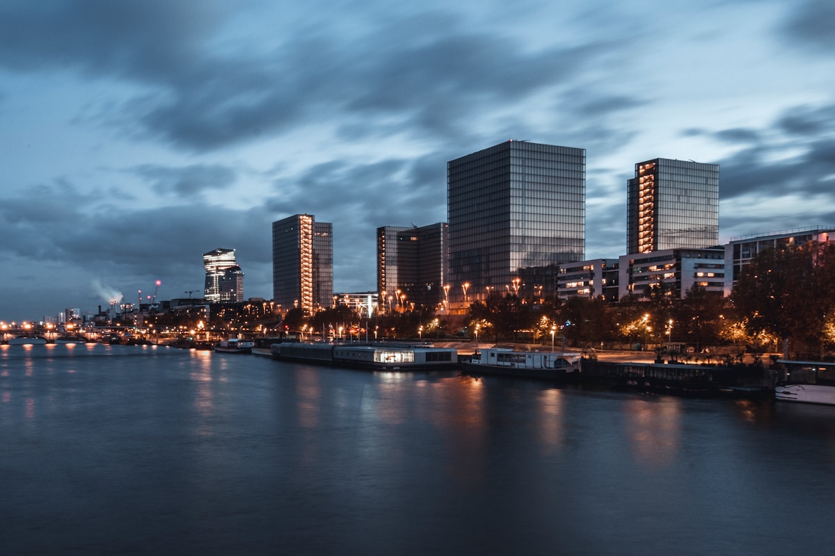 a body of water with a city in the background - Bibliothèque François-Mitterrand Paris