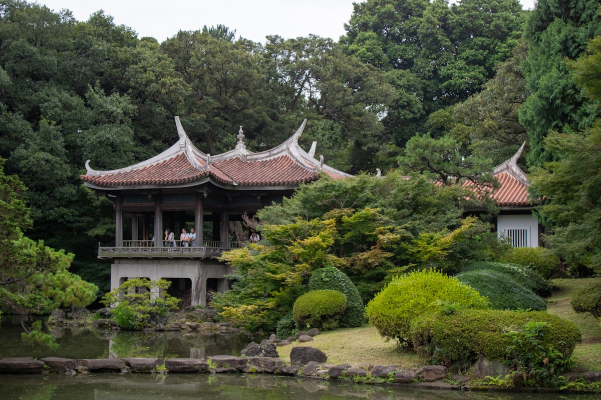 a small building in the middle of a pond - Shinjuku Gyoen National Garden Tokyo