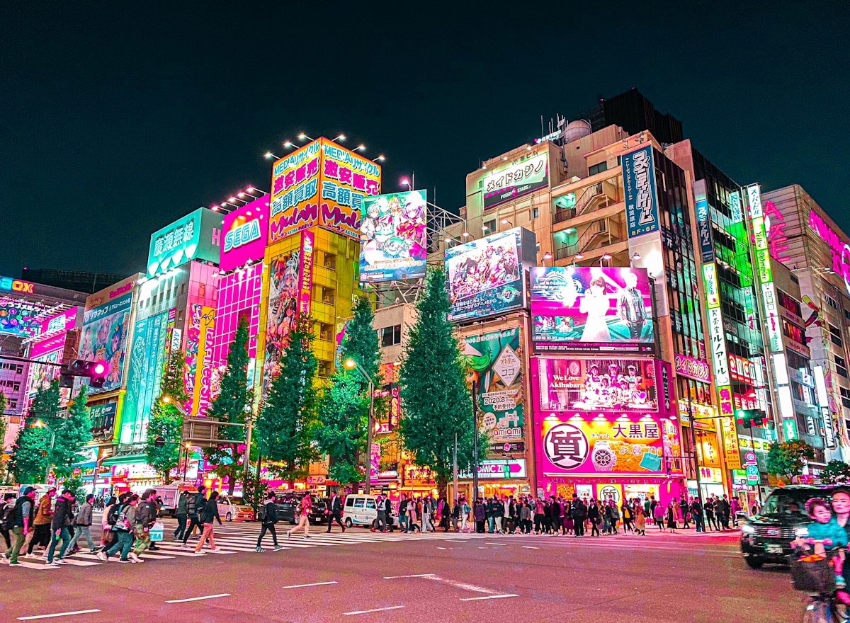 a group of people walking around a city at night - Akihabara