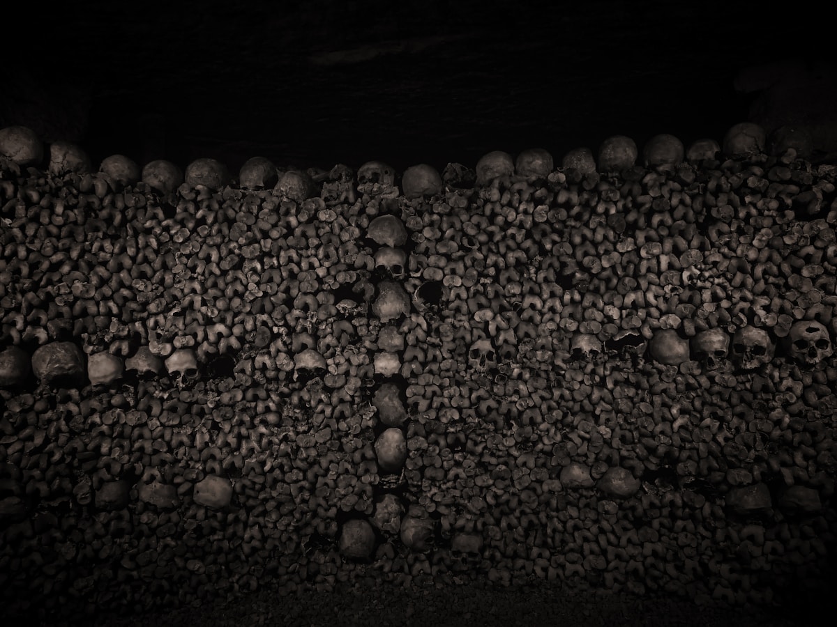 Paris Catacombs - a bunch of skulls that are in the dark