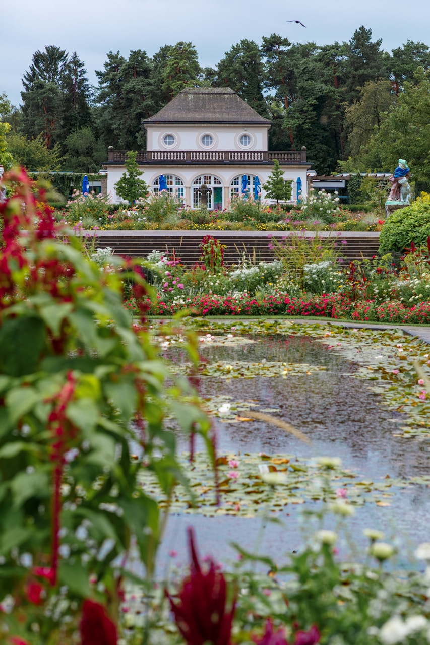 Best Free Things To Do In Munich, a pond surrounded by lots of flowers in front of a house