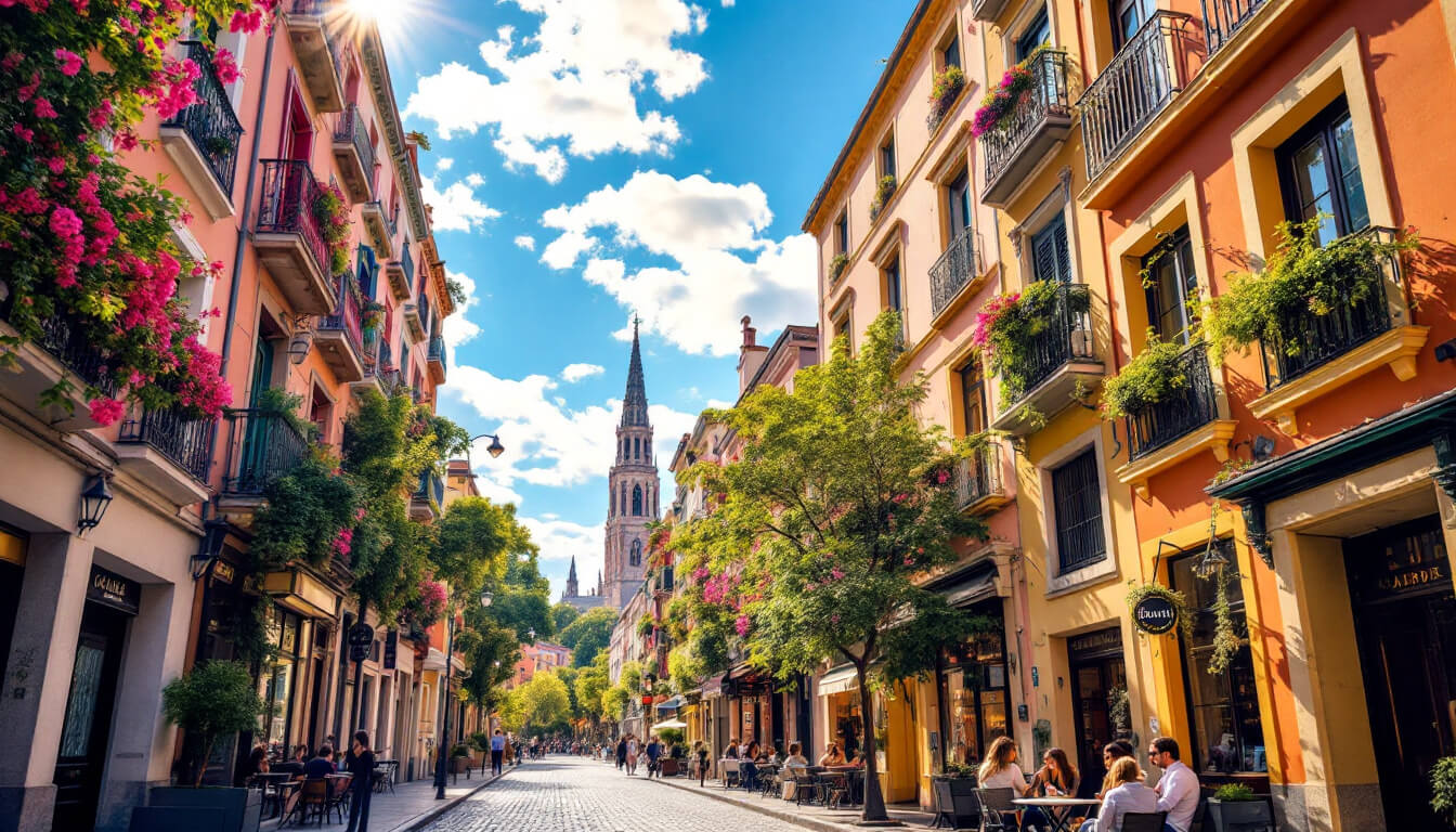 Charming street scene in a vibrant city, with colorful buildings, blooming flowers, and people enjoying outdoor cafés.