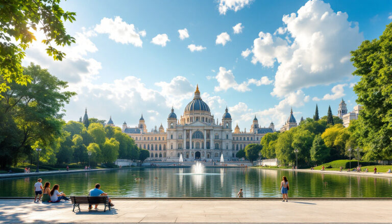 Tranquil Retiro Park in Madrid city park with people relaxing by a reflective pond and majestic historic architecture under a bright blue sky.