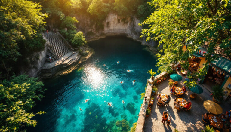 Tropical lagoon with swimmers enjoying the azure waters, surrounded by lush greenery and a lively café atmosphere.