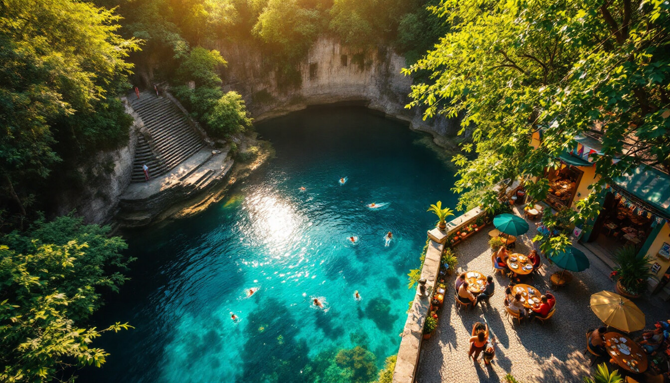 Tropical lagoon with swimmers enjoying the azure waters, surrounded by lush greenery and a lively café atmosphere.