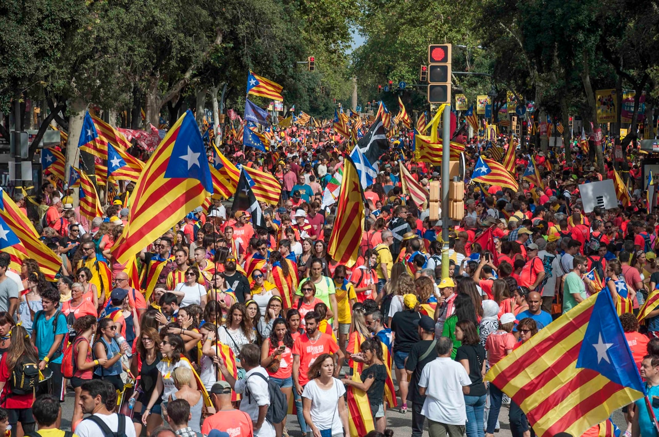 a crowd of people walking down a street holding flags in Barcelona, Spain