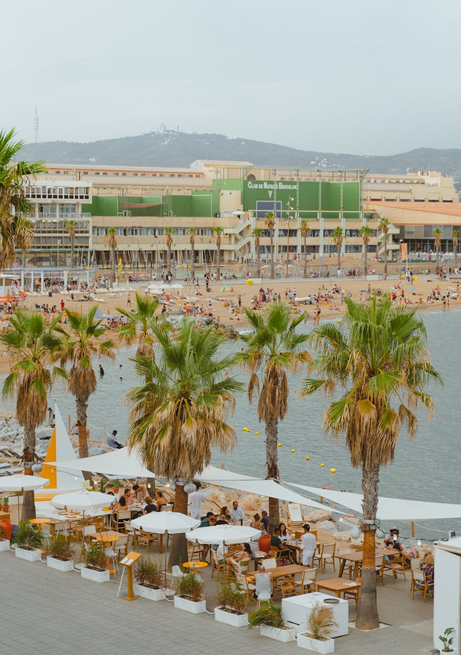 Vibrant beach and cafe scene in Barcelona with palm trees and distant hills.