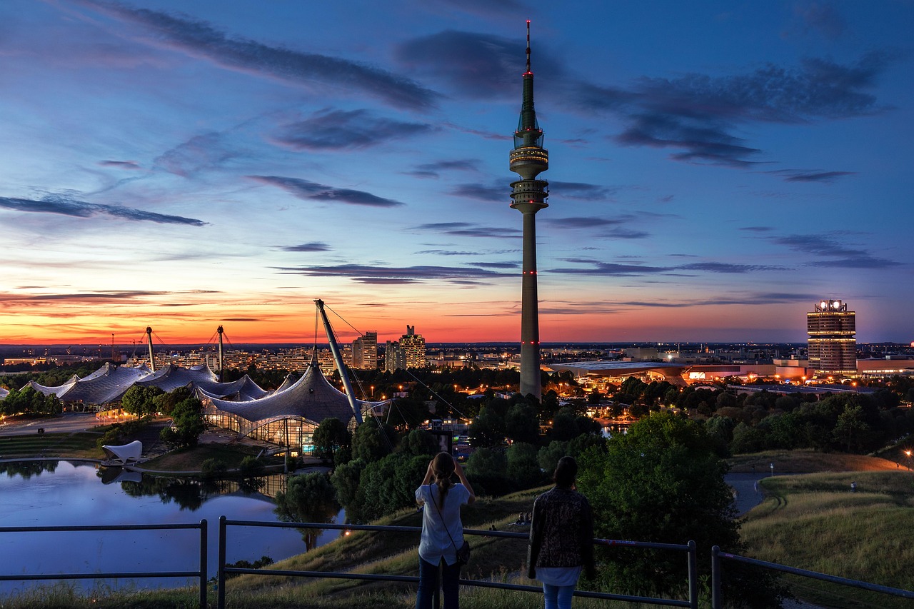 munich, olympic stadium, tv tower, nature, sunset, city, olympic park, stadium, tower, football stadium, people, tourists, perspective, view, germany, lights, dusk