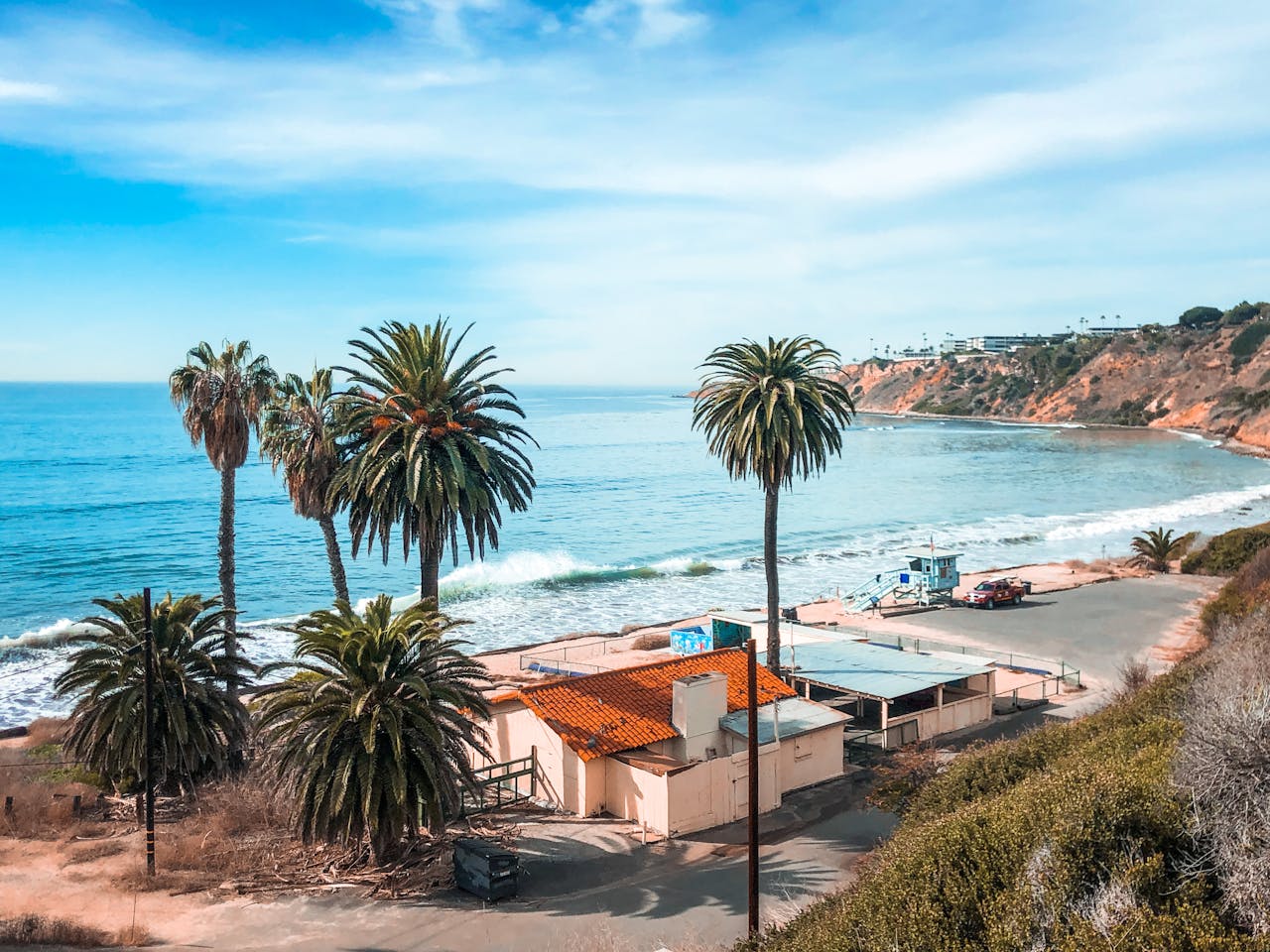 A picturesque coastal scene featuring palm trees, sandy beach, and the ocean under a bright sky.