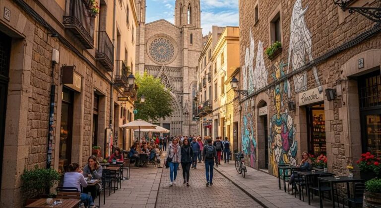 Charming street scene in Barcelona, with people enjoying cafés and a stunning church backdrop, showcasing local culture.
