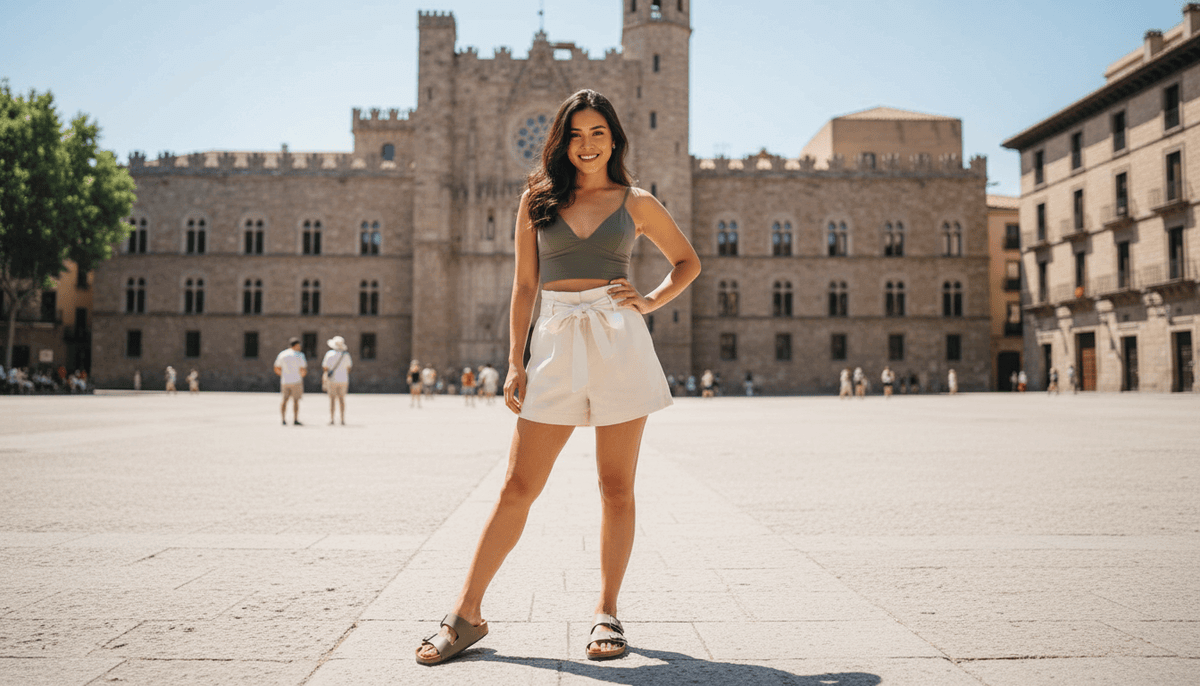 Young woman confidently posing in front of a historic building, showcasing summer fashion in a vibrant city square.
