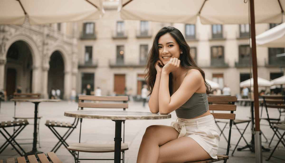 Smiling young woman enjoying a sunny day at an outdoor café, embodying a relaxed and cheerful atmosphere.