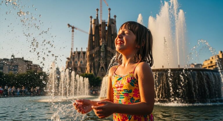 Smiling girl in colorful swimsuit plays in fountain with Sagrada Familia backdrop during sunset in Barcelona.