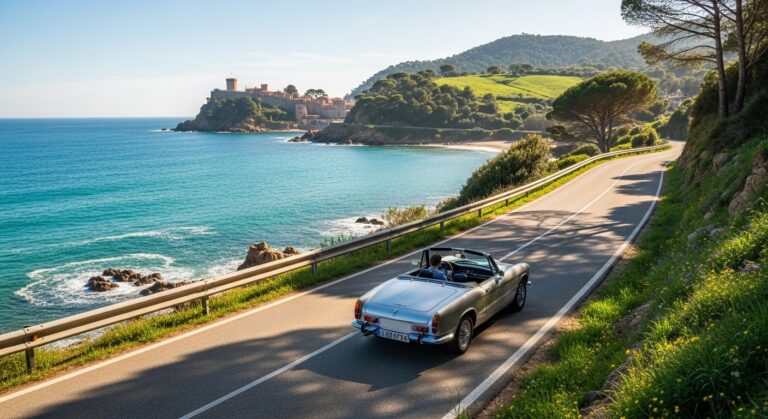 Classic convertible cruising along a scenic coastal road with ocean views and lush hills in the background.
