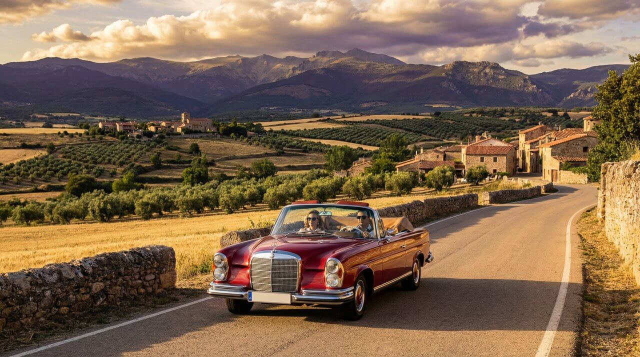 Classic red convertible cruising through scenic countryside with vineyards and rustic villages under a sunset sky.