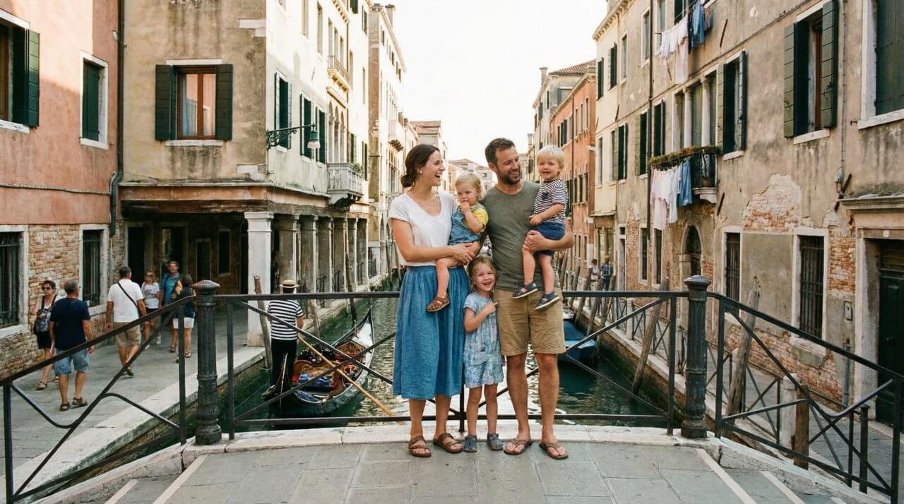 Family enjoying a sunny day in Venice, standing on a bridge with a picturesque canal and historic buildings in the background.