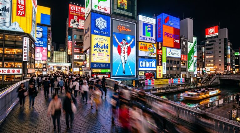 Bustling street in Osaka illuminated by vibrant neon signs, showcasing the city’s lively nightlife and cultural allure.