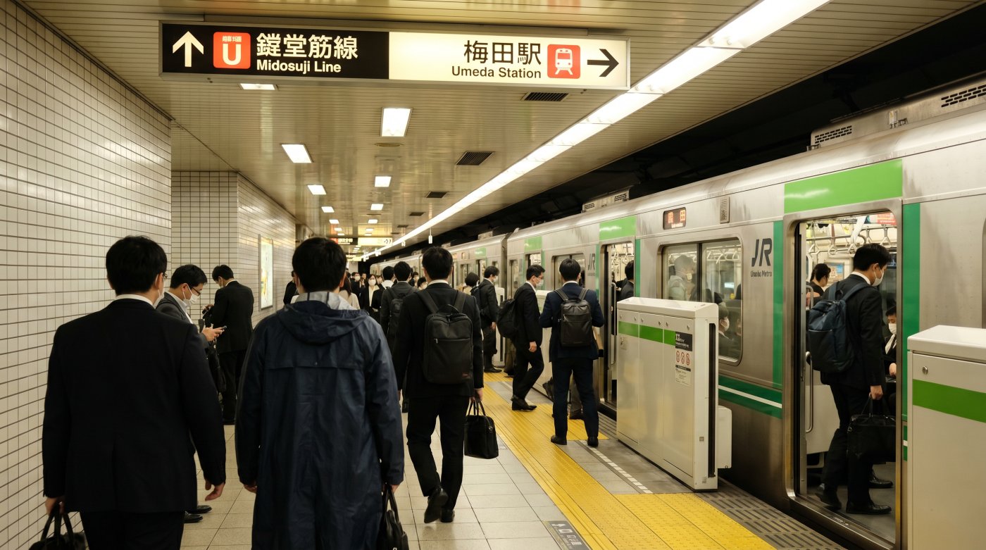 Crowded Umeda Station in Osaka, with commuters boarding the Midosuji Line subway amidst a bustling urban atmosphere.