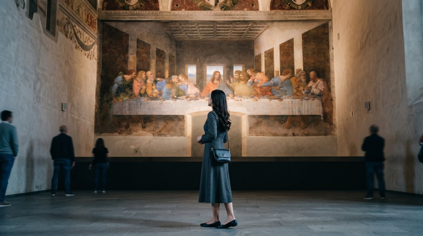 Kannaya Nareswari admiring Leonardo da Vinci's "The Last Supper" mural in a serene museum setting, surrounded by other visitors.