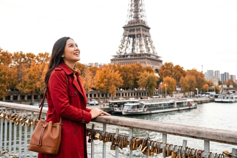 Woman in a red coat smiles near the Eiffel Tower, surrounded by autumn foliage and love locks along the riverbank.