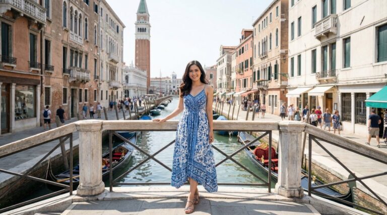 Kannaya Nareswari in a blue floral dress poses on a bridge over a canal in vibrant Venice, capturing the lively atmosphere.