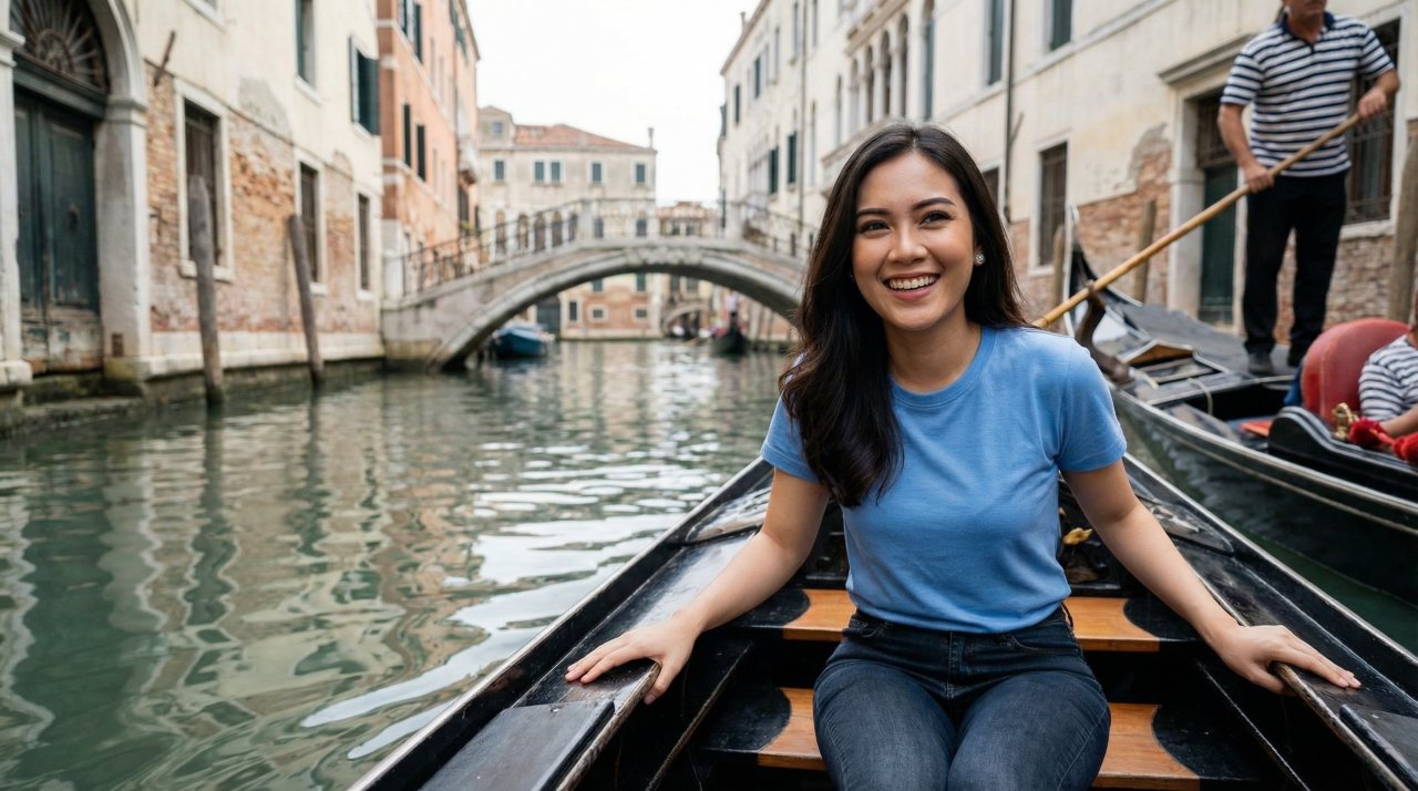 Kannaya Nareswari rides a gondola in the canals of Venice