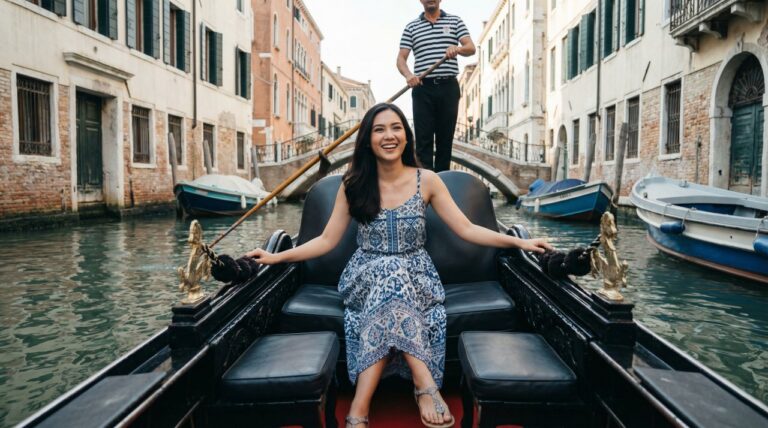 Kannaya Nareswari enjoying a gondola ride in Venice, smiling as the gondolier navigates through scenic canals lined with historic buildings.