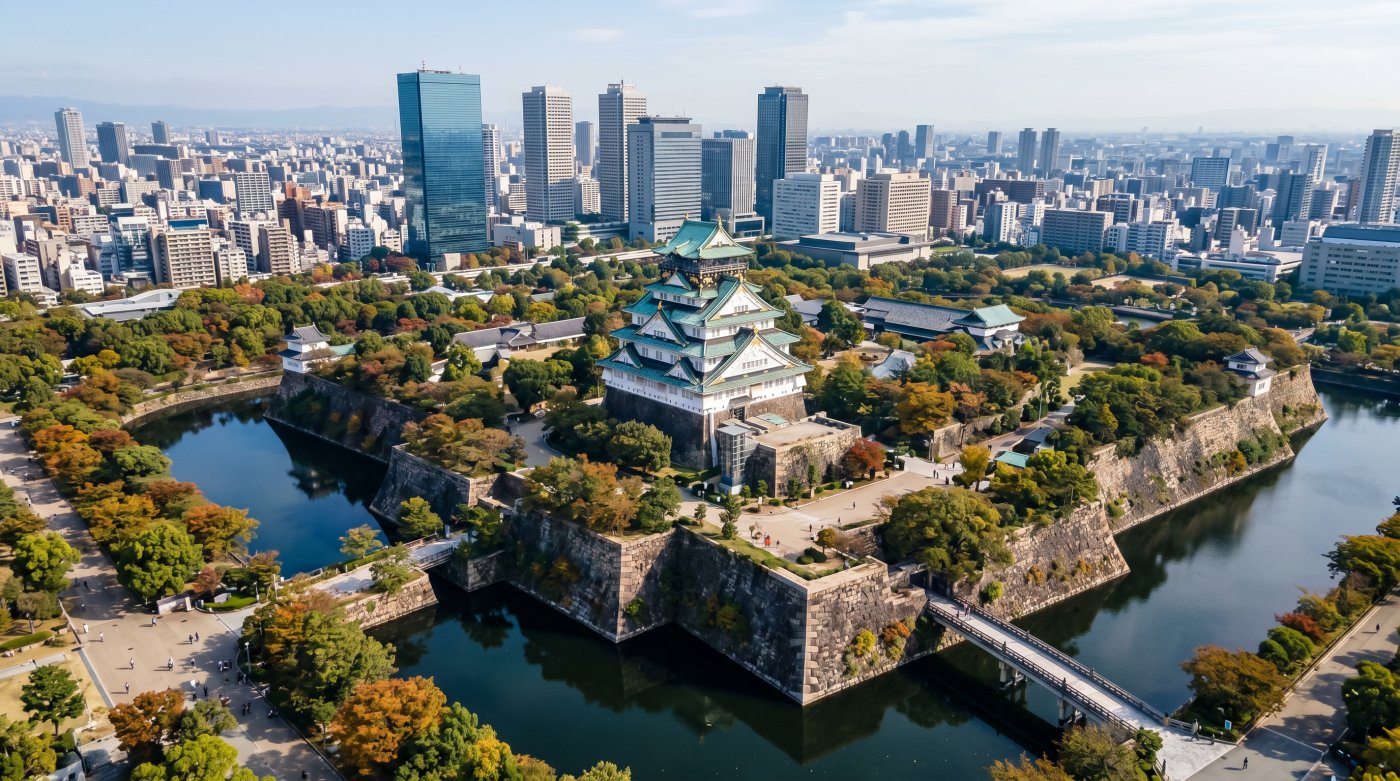 Osaka Castle surrounded by lush greenery and a serene moat, set against a backdrop of modern skyscrapers.