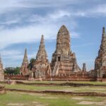 Historic Ayutthaya temple complex featuring ancient spires, showcasing Thailand’s rich cultural heritage and architectural beauty.