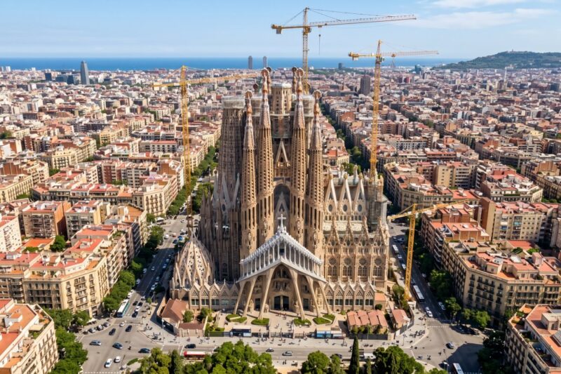 Aerial view of Barcelona's Sagrada Familia, showcasing its intricate architecture amidst a vibrant city landscape.