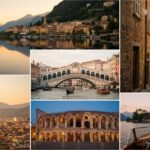Breathtaking Italian landscapes showcasing historic architecture, serene lakes, and vibrant city life during sunset.