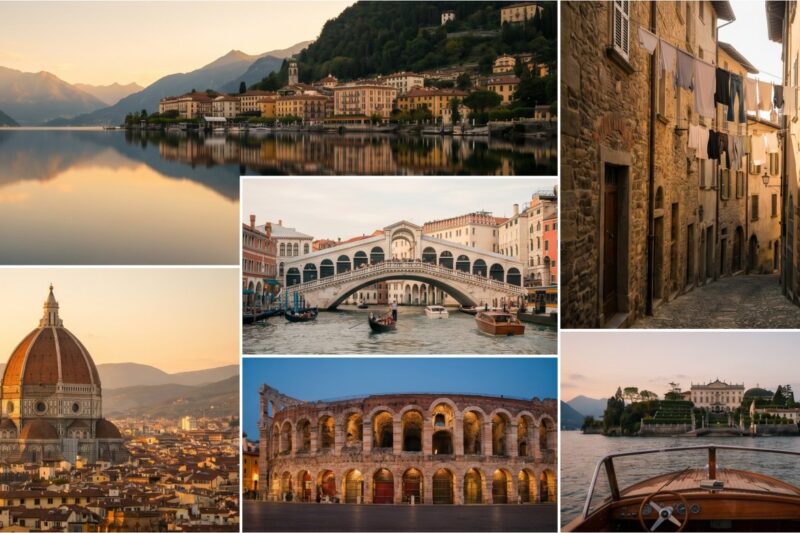 Breathtaking Italian landscapes showcasing historic architecture, serene lakes, and vibrant city life during sunset.