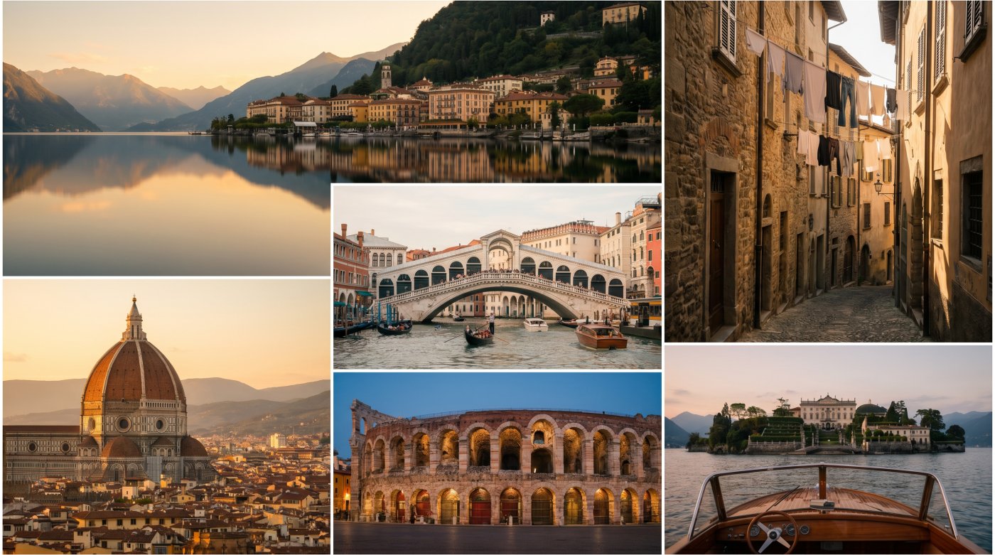Breathtaking Italian landscapes showcasing historic architecture, serene lakes, and vibrant city life during sunset.