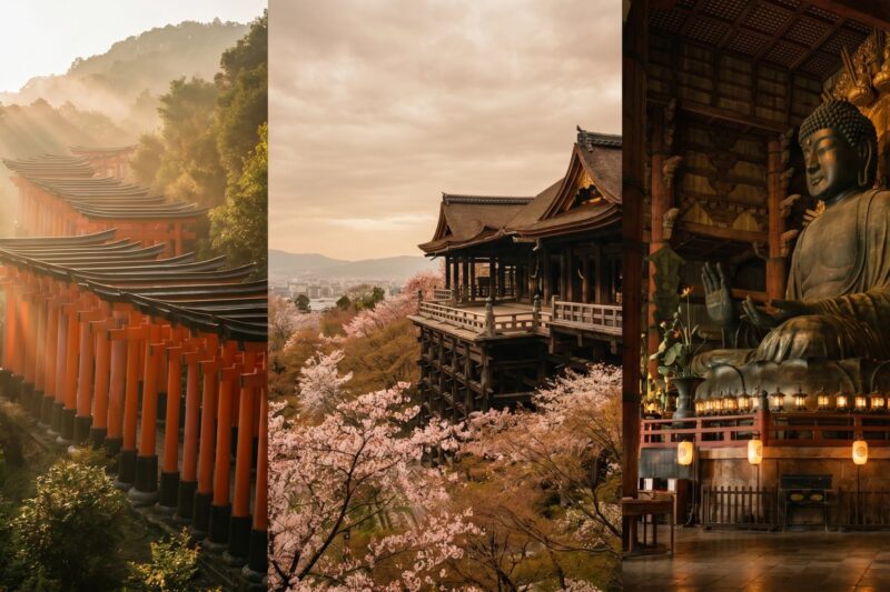 Serene Japanese landscapes featuring iconic vermillion torii gates, cherry blossoms, and a majestic Buddha statue in tranquil settings.