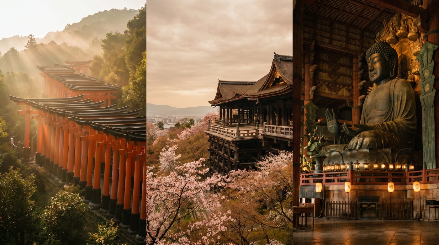 Serene Japanese landscapes featuring iconic vermillion torii gates, cherry blossoms, and a majestic Buddha statue in tranquil settings.