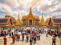 Crowds of tourists with umbrellas gather at Bangkok's Grand Palace, admiring its stunning architecture and serene atmosphere.