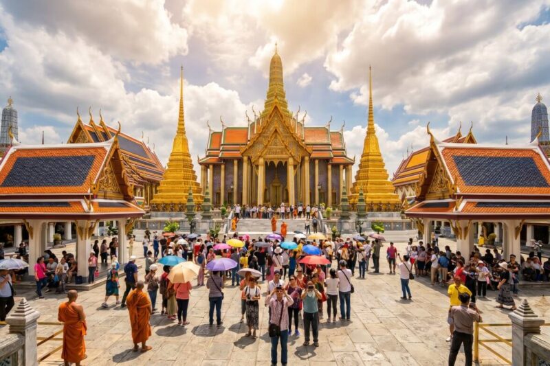Crowds of tourists with umbrellas gather at Bangkok's Grand Palace, admiring its stunning architecture and serene atmosphere.