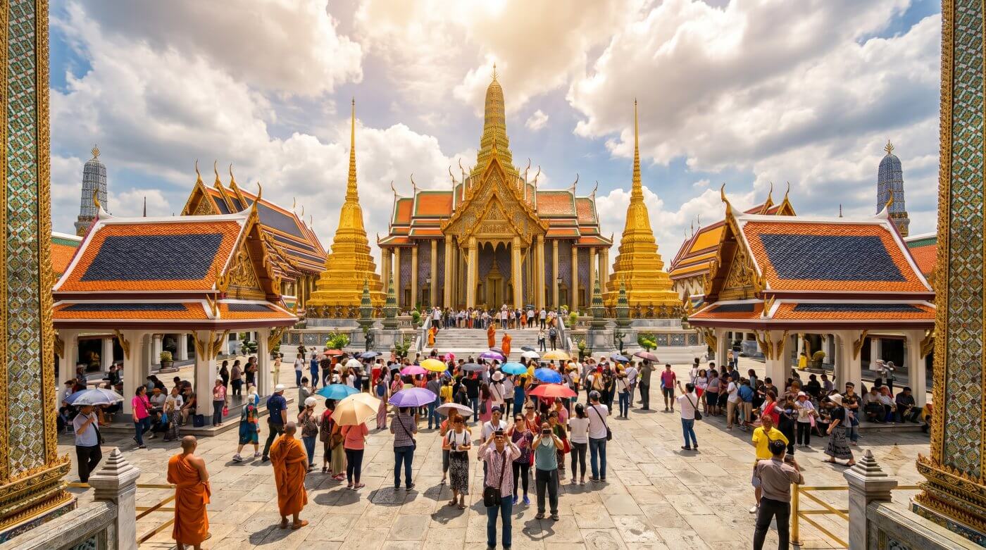 Crowds of tourists with umbrellas gather at Bangkok's Grand Palace, admiring its stunning architecture and serene atmosphere.