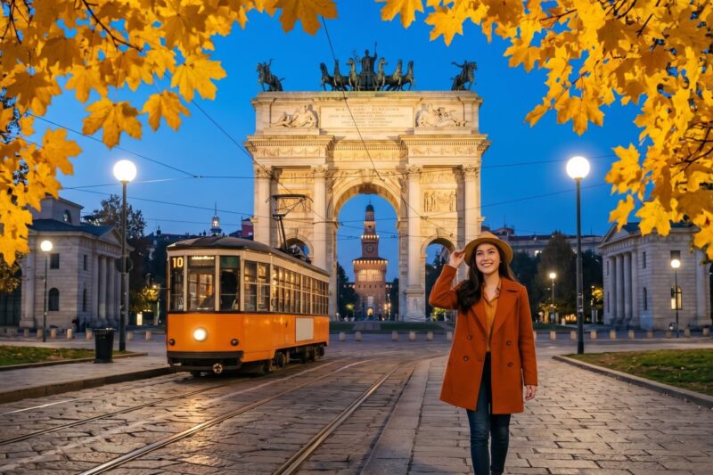 Kannaya Nareswari enjoying an autumn evening stroll by Milan's historic arch, with vibrant yellow leaves and a vintage tram in view.
