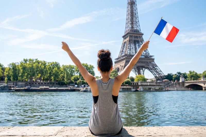 Kannaya Nareswari celebrating by the Seine River with the Eiffel Tower in the background, proudly waving a French flag.