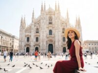 Smiling Kannaya Nareswari in a sun hat enjoys the vibrant atmosphere of Milan's ornate cathedral square bustling with people.