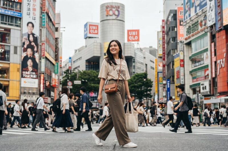 Kannaya Nareswari enjoying a vibrant day in a bustling Shibuya intersection, surrounded by a lively crowd and colorful city billboards.