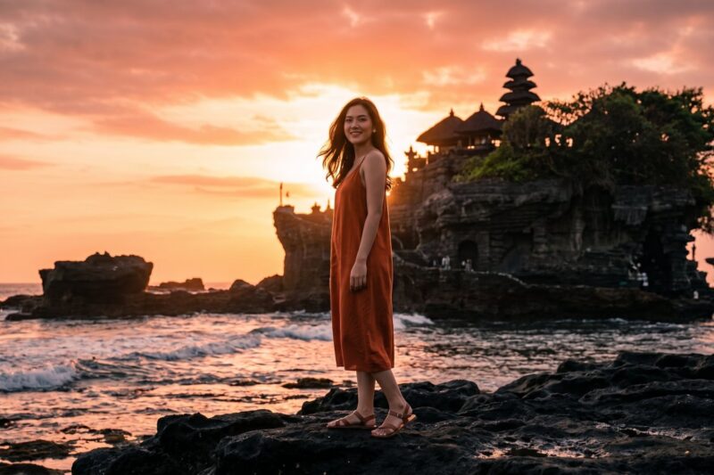 Kannaya Nareswari in an orange dress smiles on rocky beach at sunset, with Tanah Lot temple silhouetted against the vibrant sky.