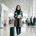 Kannaya Nareswari at the airport holding her passport and boarding pass, excited for her travel adventure ahead.