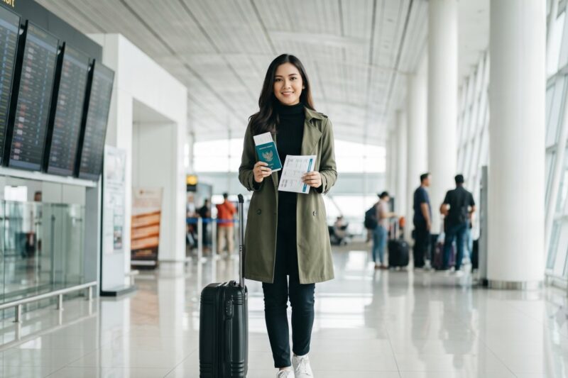 Kannaya Nareswari at the airport holding her passport and boarding pass, excited for her travel adventure ahead.