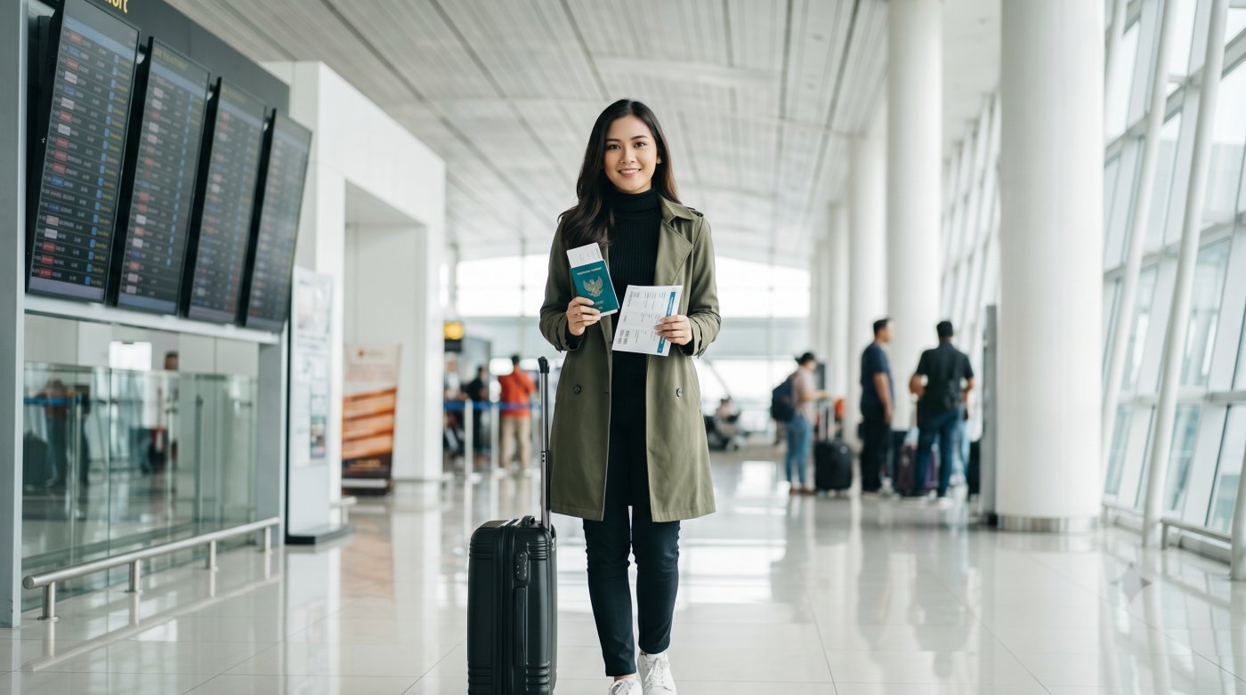 Kannaya Nareswari at the airport holding her passport and boarding pass, excited for her travel adventure ahead.